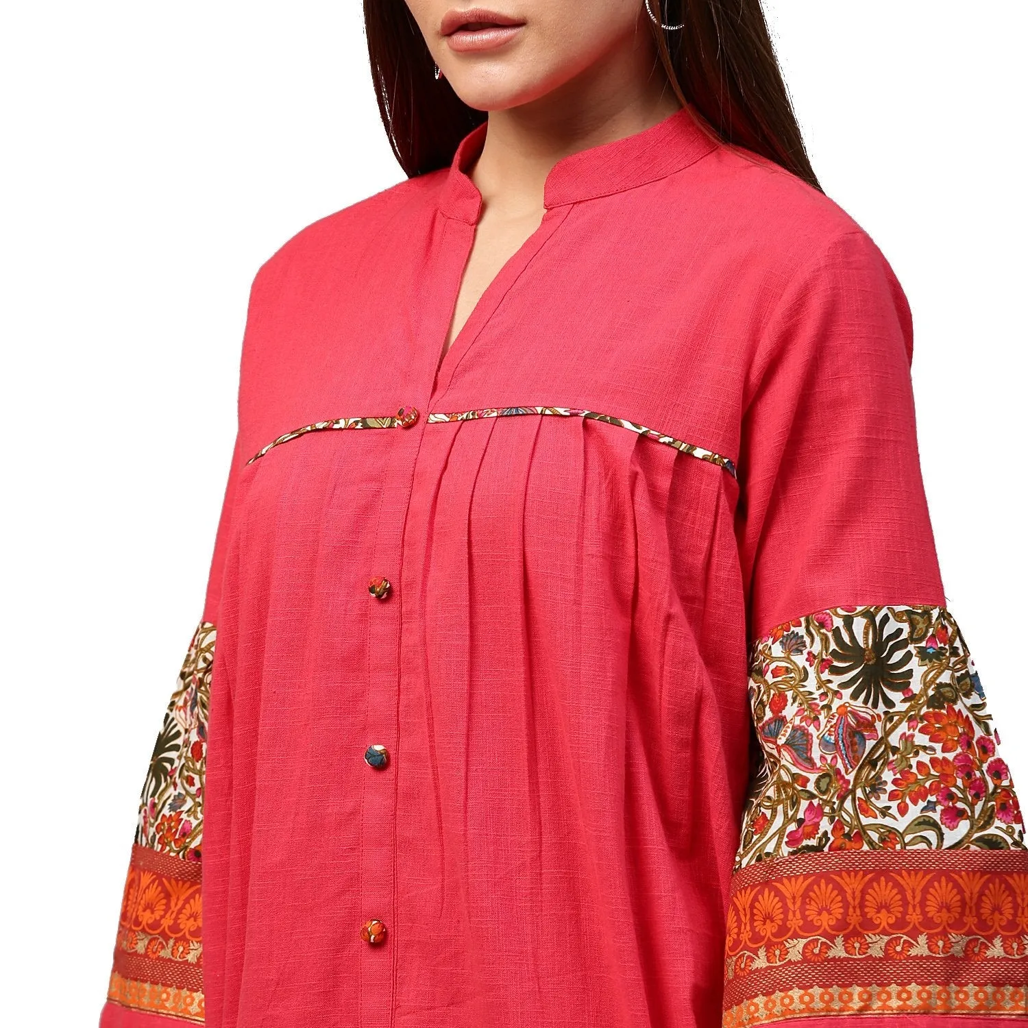 Peach 3/4Th Sleeve Cotton Tunics With Button Work