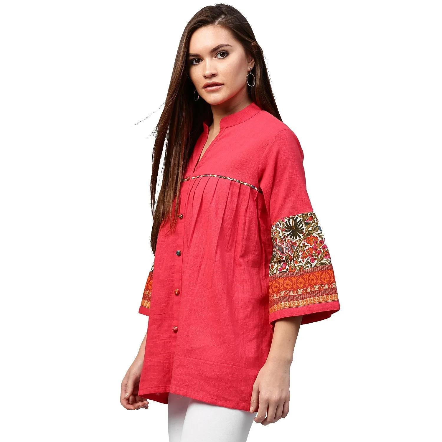Peach 3/4Th Sleeve Cotton Tunics With Button Work
