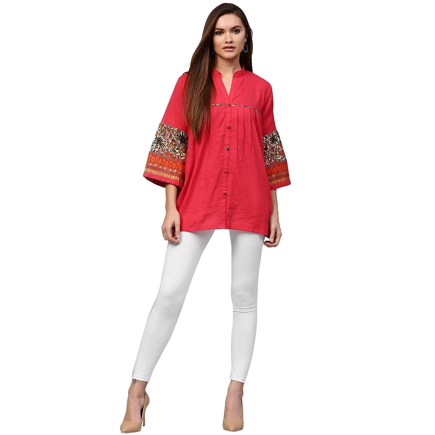 Peach 3/4Th Sleeve Cotton Tunics With Button Work