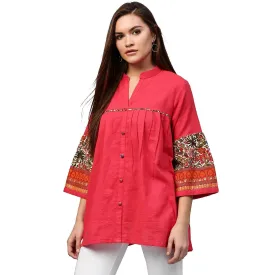 Peach 3/4Th Sleeve Cotton Tunics With Button Work