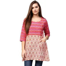 Red & Peach Printed 3/4Th Sleeve Cotton A-Line Tunics