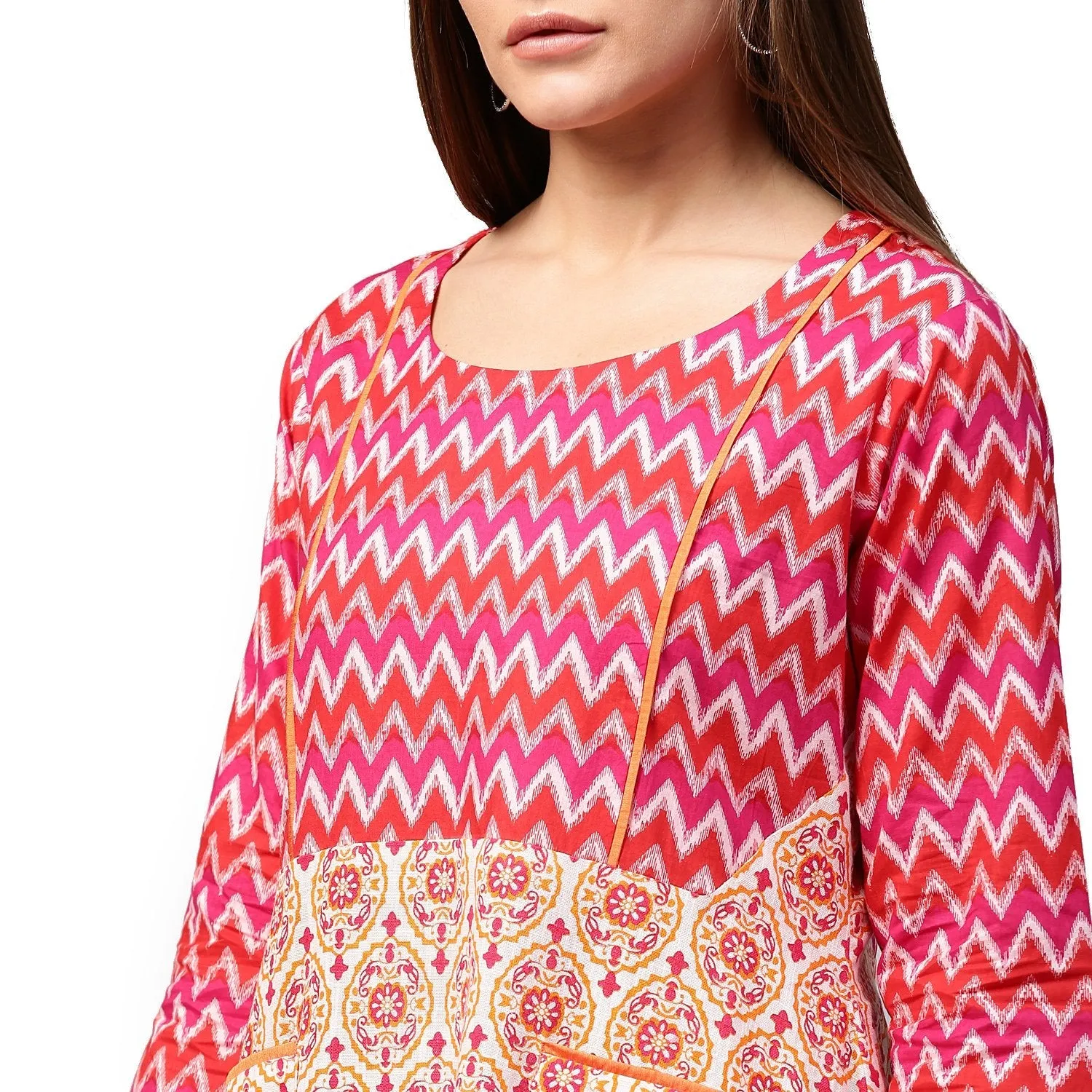 Red & Peach Printed 3/4Th Sleeve Cotton A-Line Tunics