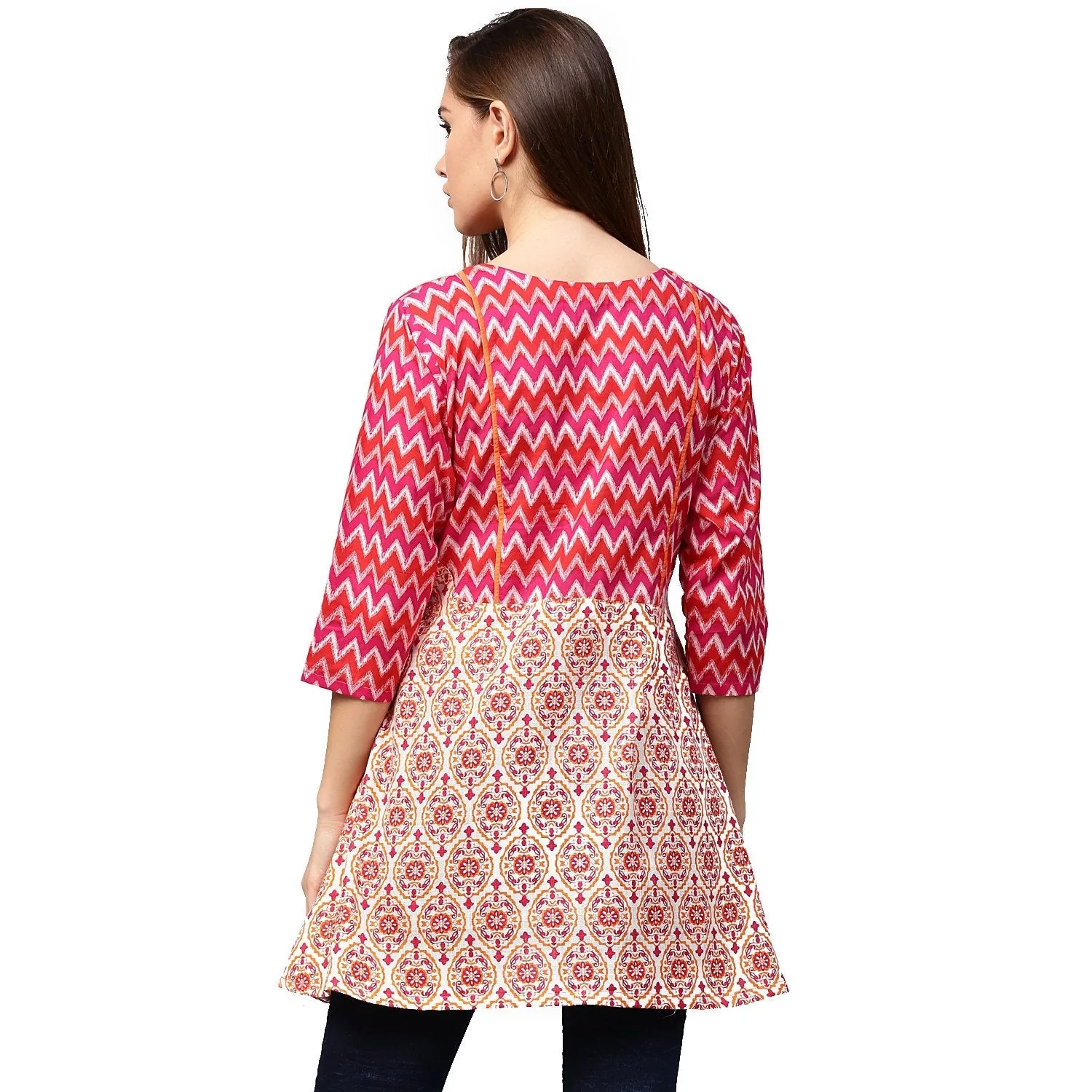 Red & Peach Printed 3/4Th Sleeve Cotton A-Line Tunics
