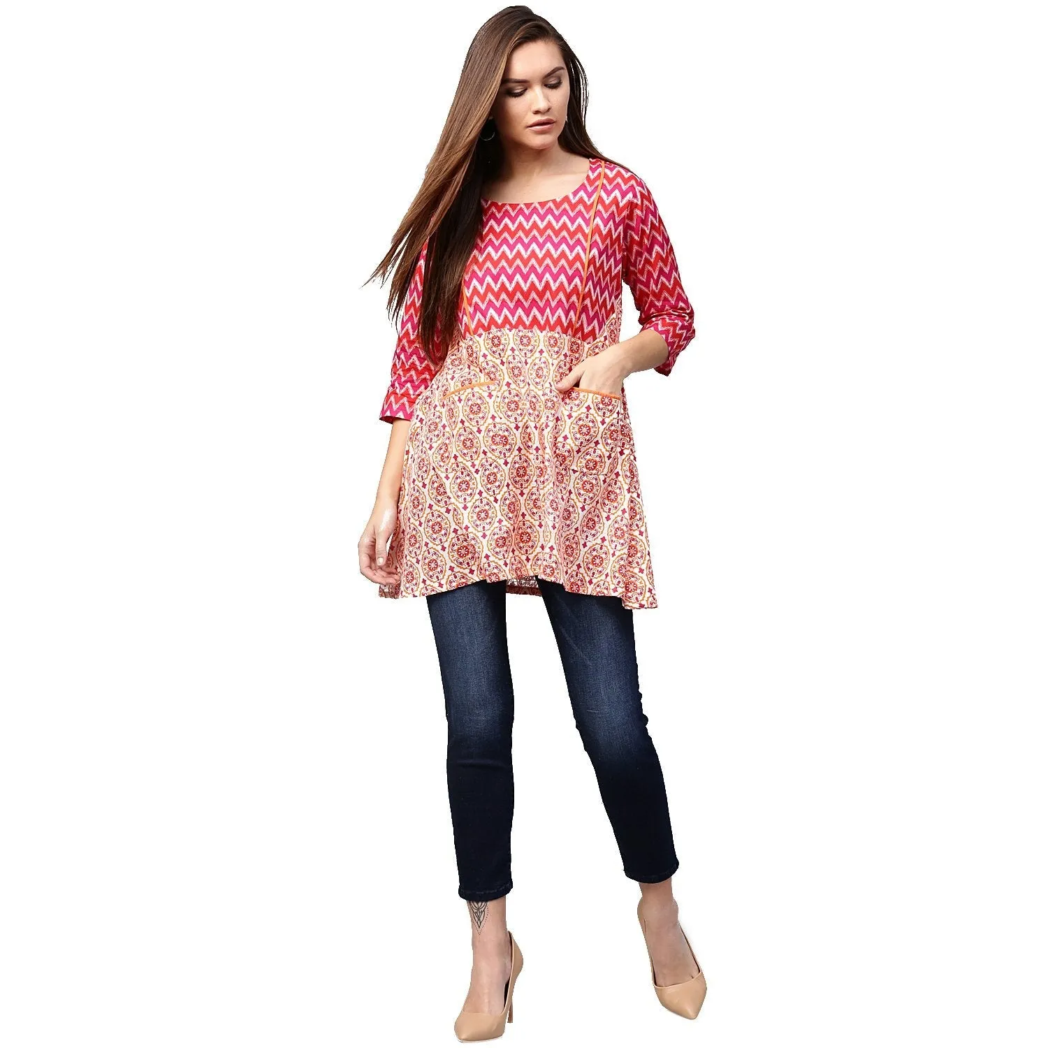 Red & Peach Printed 3/4Th Sleeve Cotton A-Line Tunics