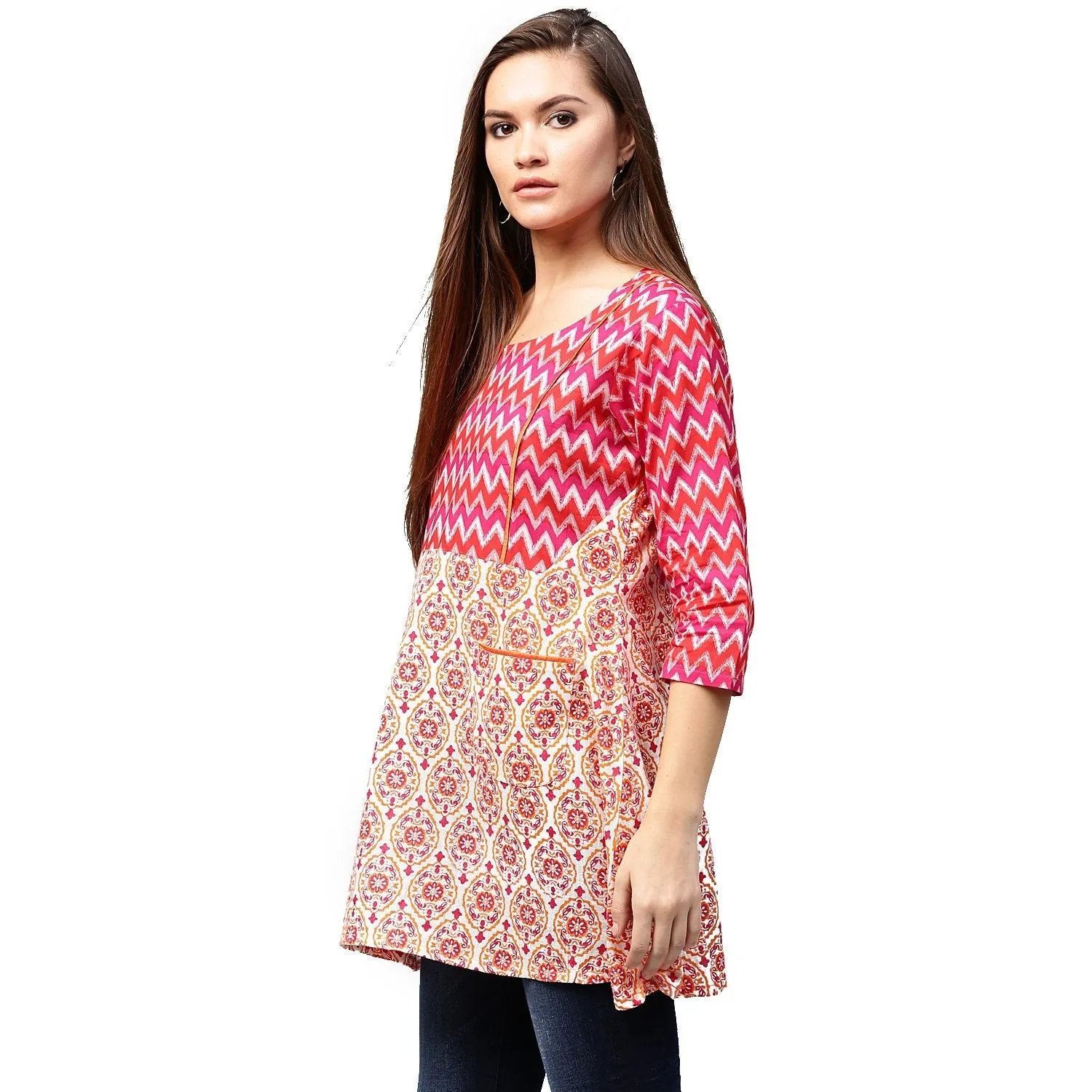 Red & Peach Printed 3/4Th Sleeve Cotton A-Line Tunics