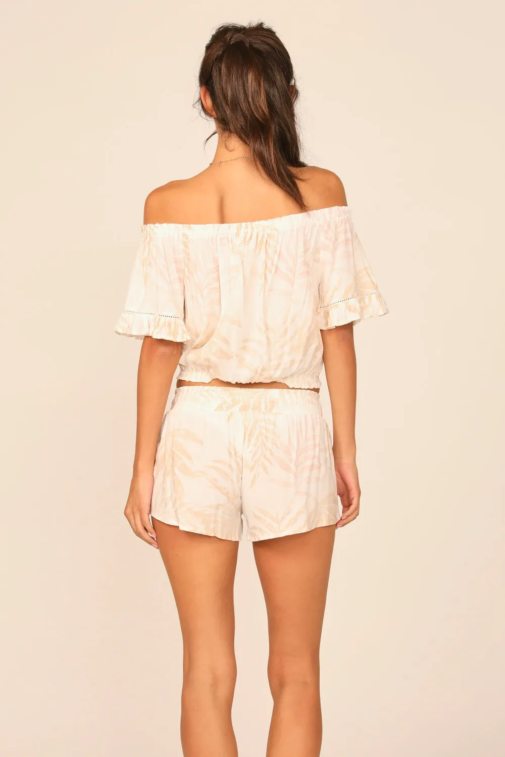 Sand Distressed Palm Leaf Off the Shoulder Bell Top Sleeve Top