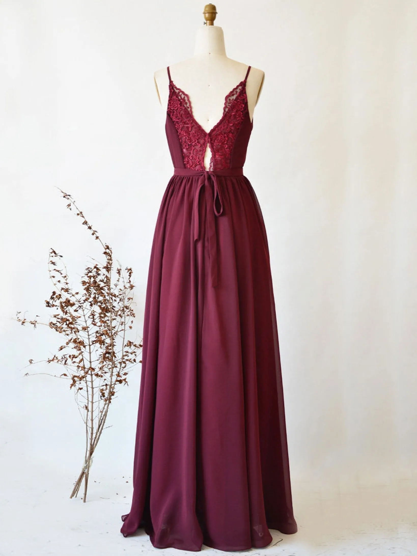 Simple burgundy chiffon lace long prom dresses cheap women formal evening dress
