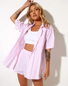 Smith Short Sleeve Shirt in Vertical Stripe Pink and White