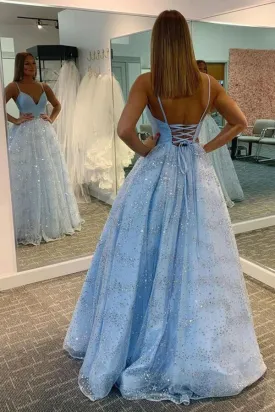 Sparkly Lace A-line V-neck Spaghetti Straps Prom Dresses, Evening Dress