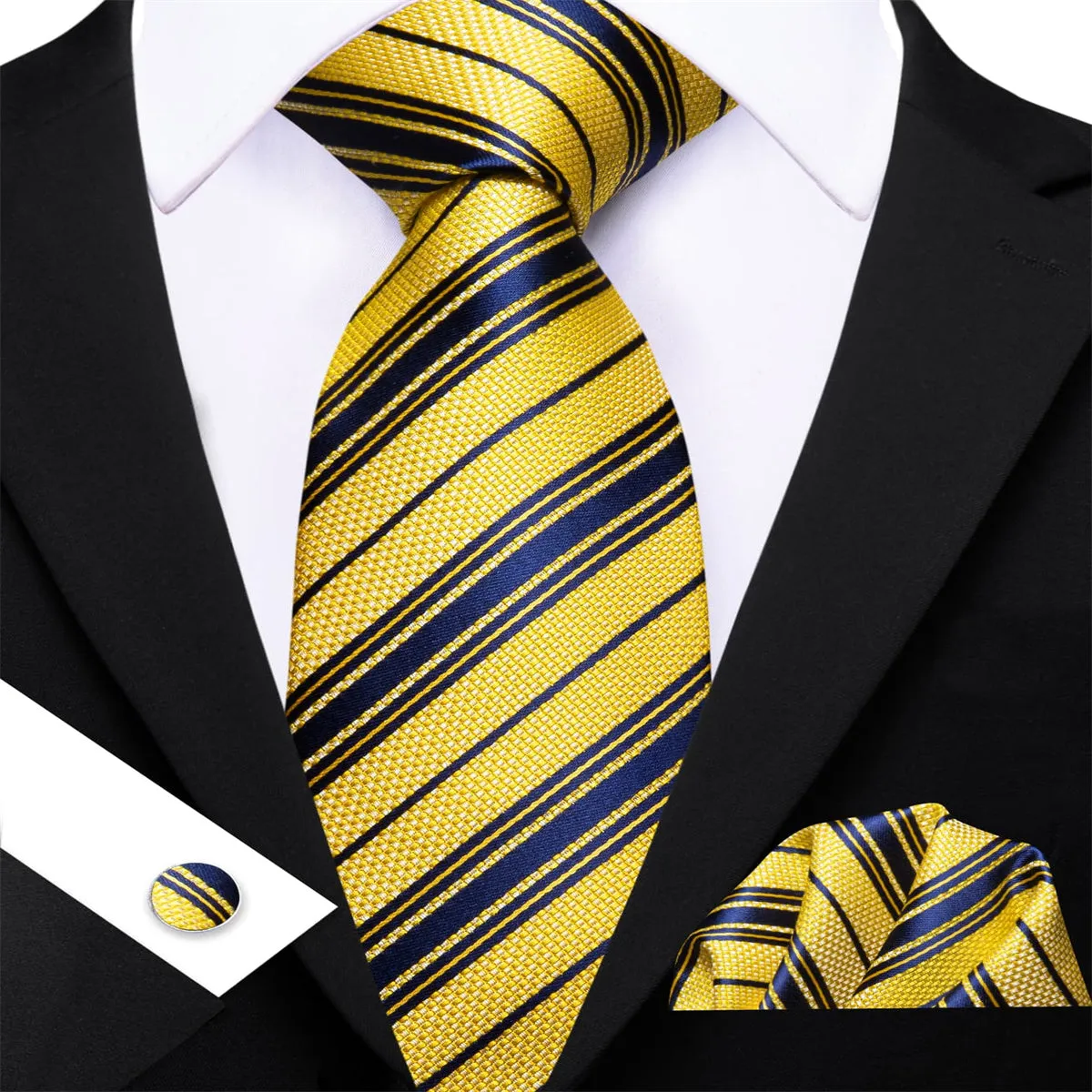 Ties2you Dress Tie Yellow Blue Striped Men's Silk Tie Pocket Square Cufflinks Set