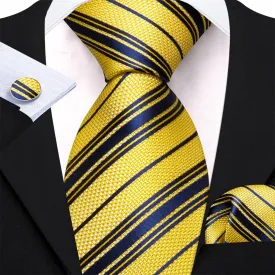 Ties2you Dress Tie Yellow Blue Striped Men's Silk Tie Pocket Square Cufflinks Set