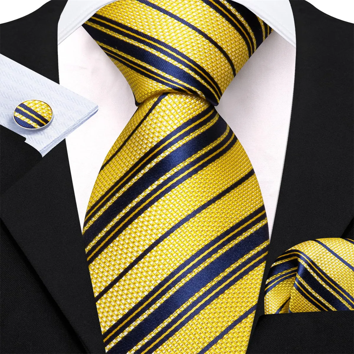 Ties2you Dress Tie Yellow Blue Striped Men's Silk Tie Pocket Square Cufflinks Set