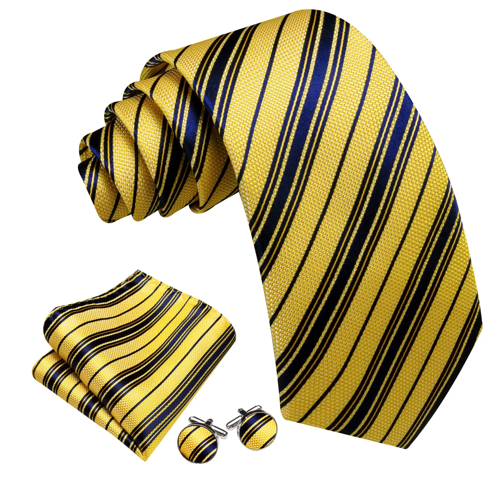 Ties2you Dress Tie Yellow Blue Striped Men's Silk Tie Pocket Square Cufflinks Set