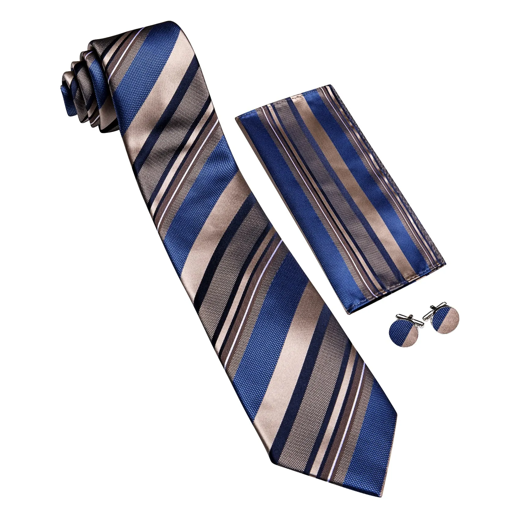 Ties2you Silk Necktie Blue and Tan Striped Pattern Mens Work Tie Set