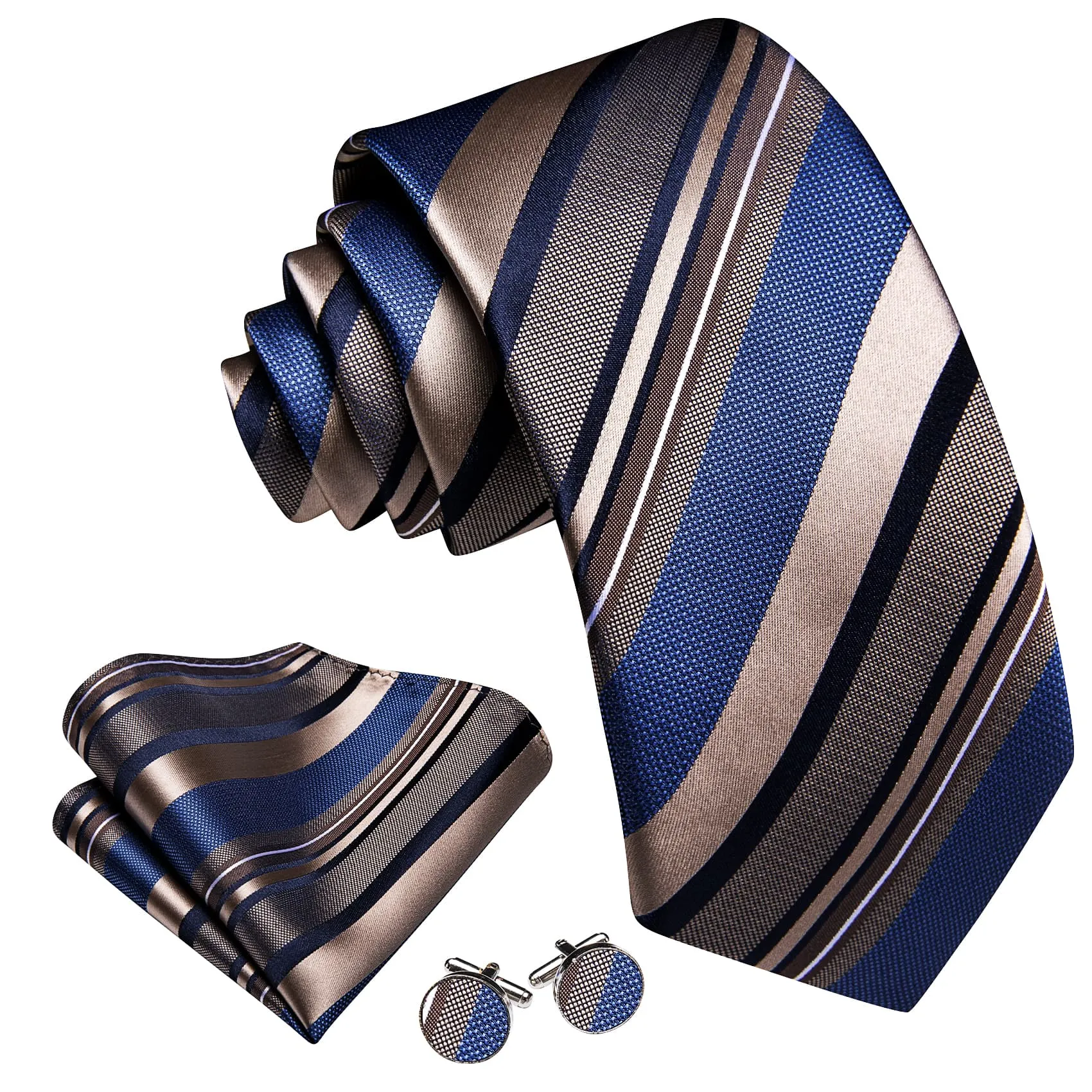 Ties2you Silk Necktie Blue and Tan Striped Pattern Mens Work Tie Set
