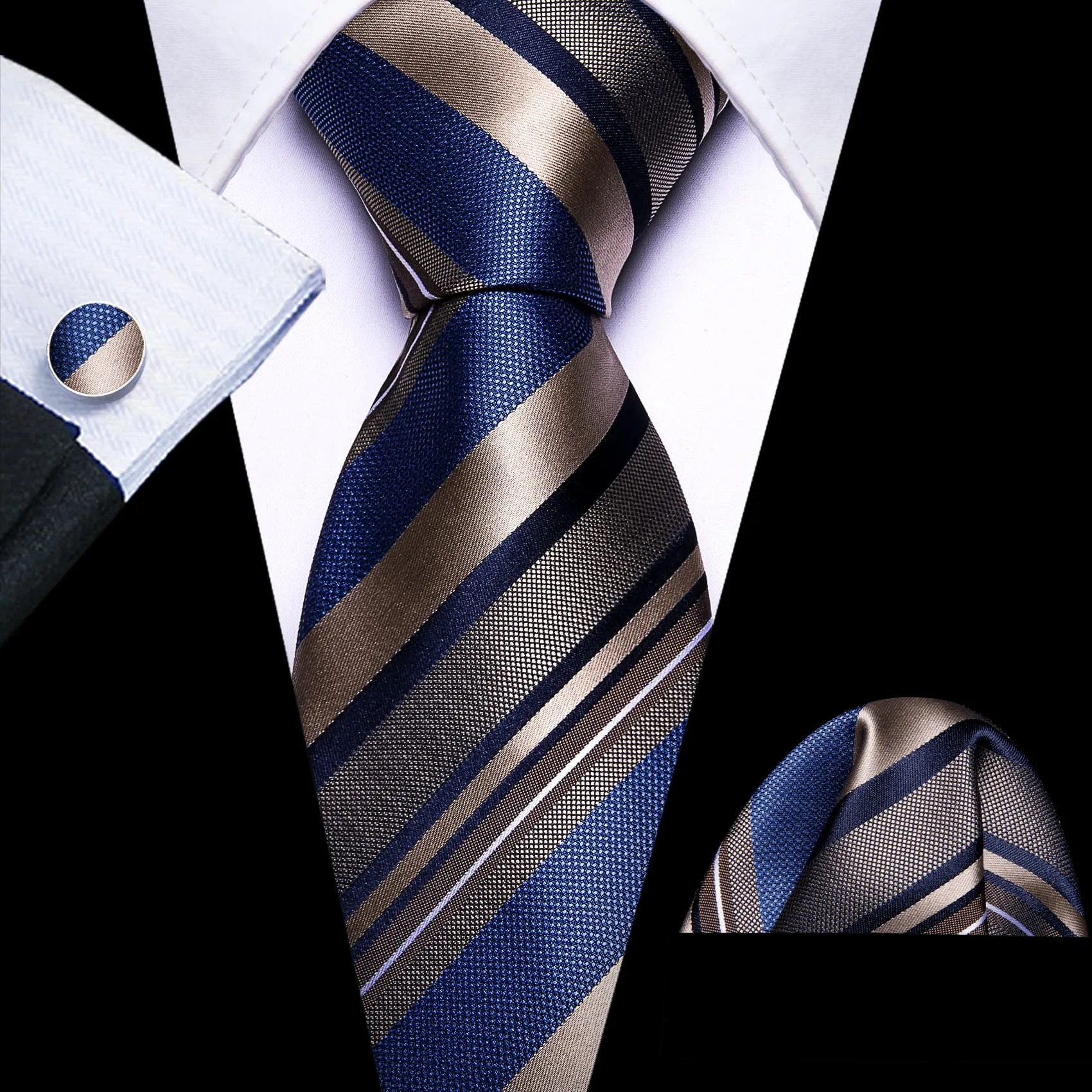 Ties2you Silk Necktie Blue and Tan Striped Pattern Mens Work Tie Set