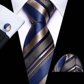 Ties2you Silk Necktie Blue and Tan Striped Pattern Mens Work Tie Set