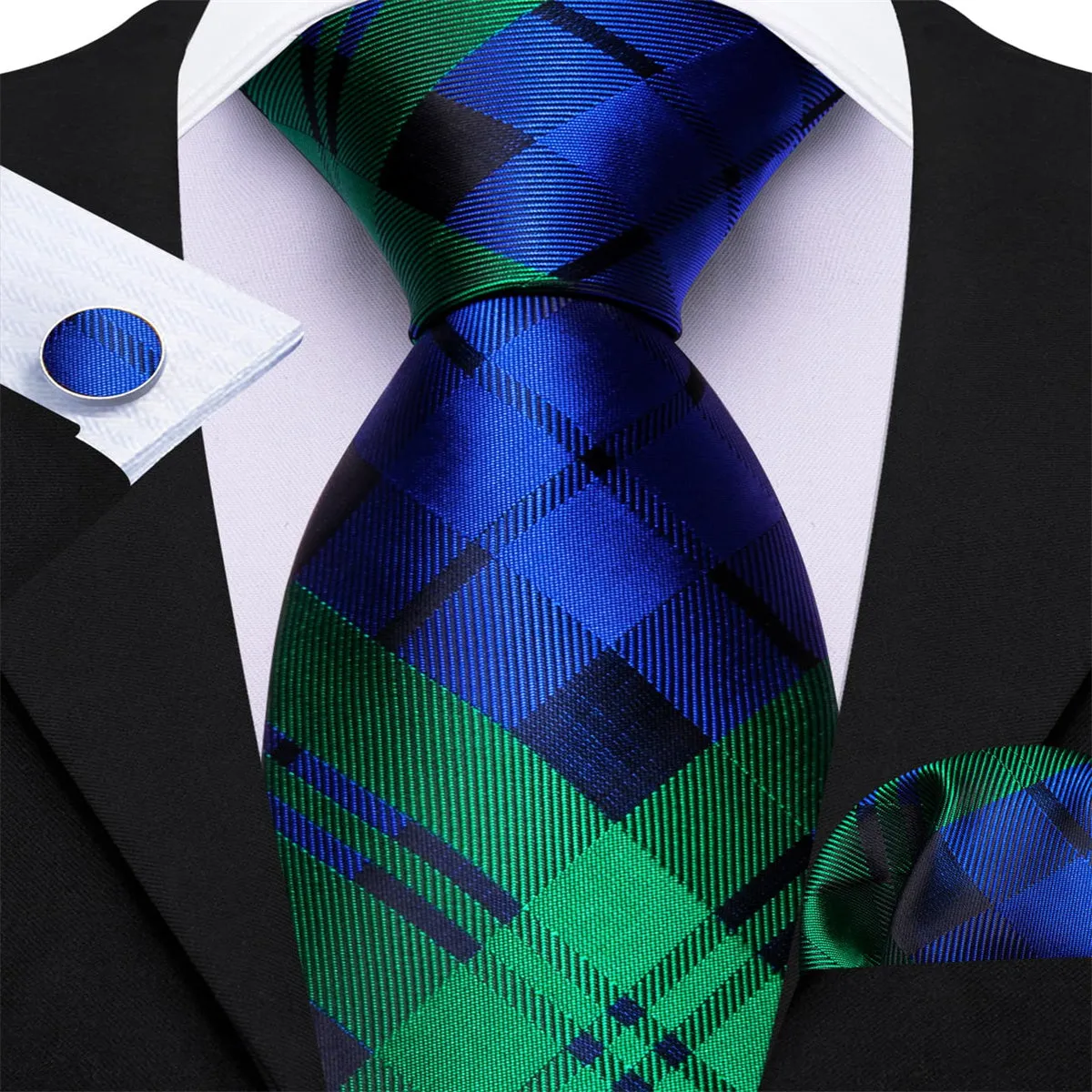 Ties2you Tuxedo Tie Blue Green Striped Silk Mens Work Tie Handkerchief Cufflinks Set