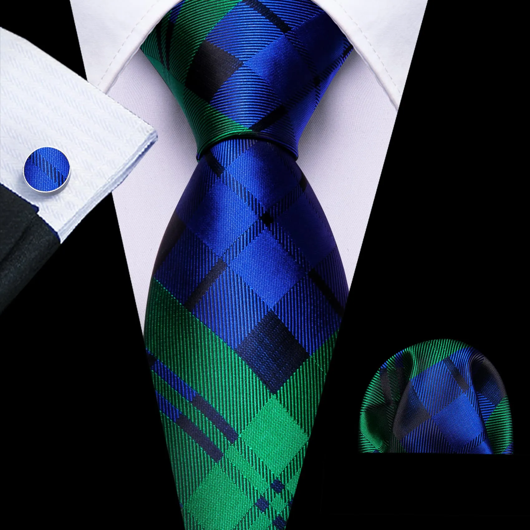 Ties2you Tuxedo Tie Blue Green Striped Silk Mens Work Tie Handkerchief Cufflinks Set
