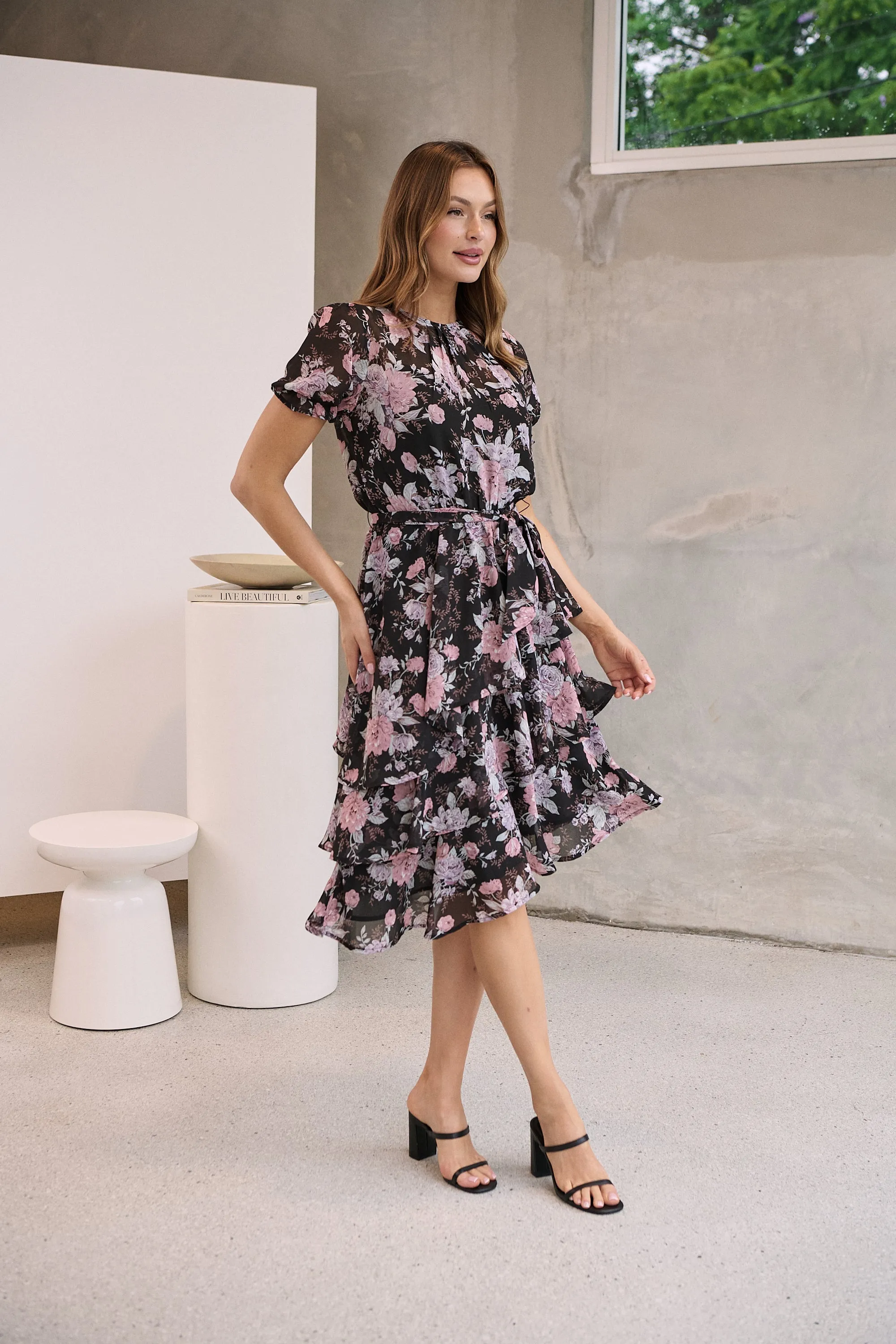 Tullia Black/Purple/Grey Frill Floral Evening Dress