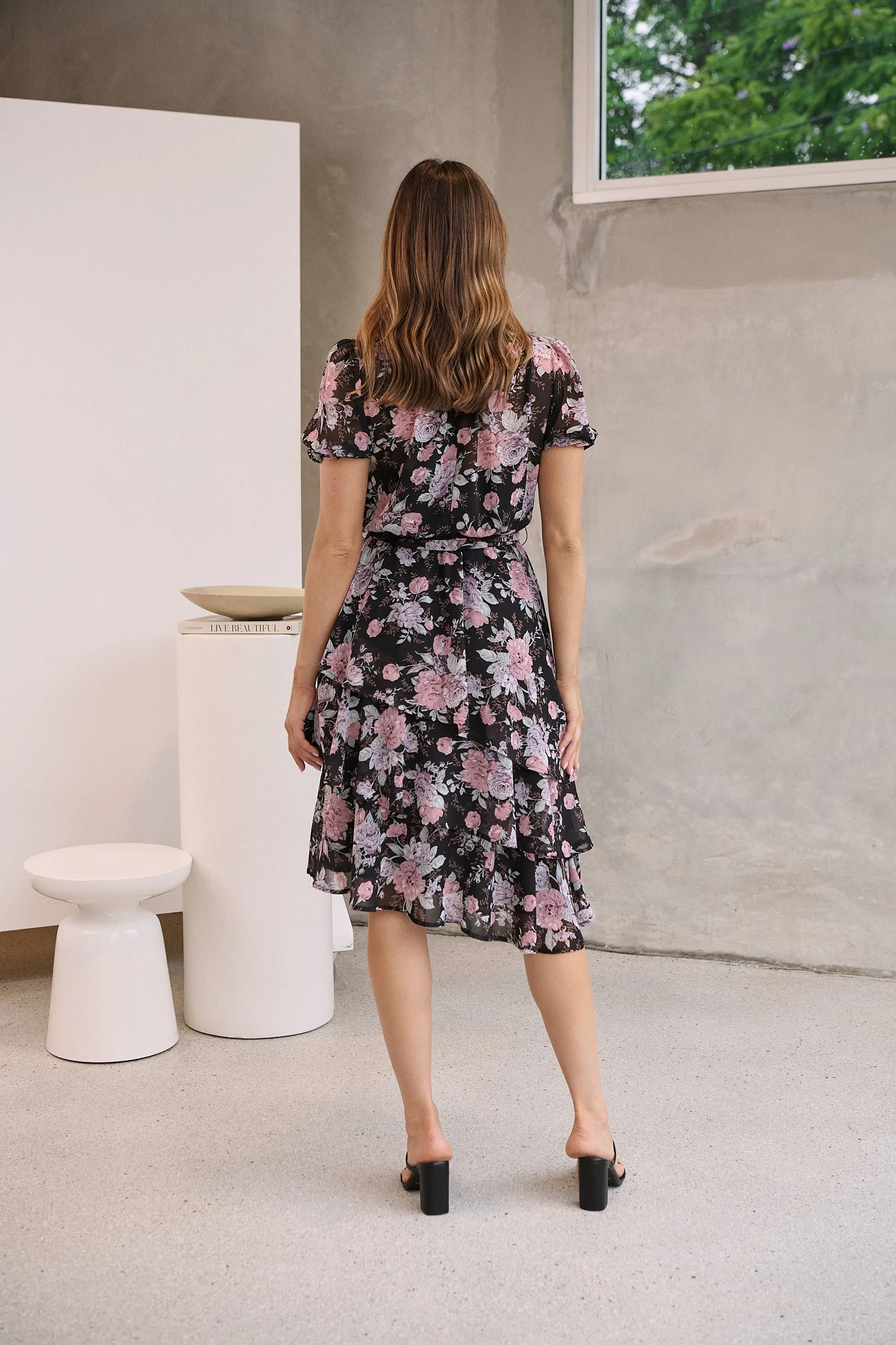 Tullia Black/Purple/Grey Frill Floral Evening Dress