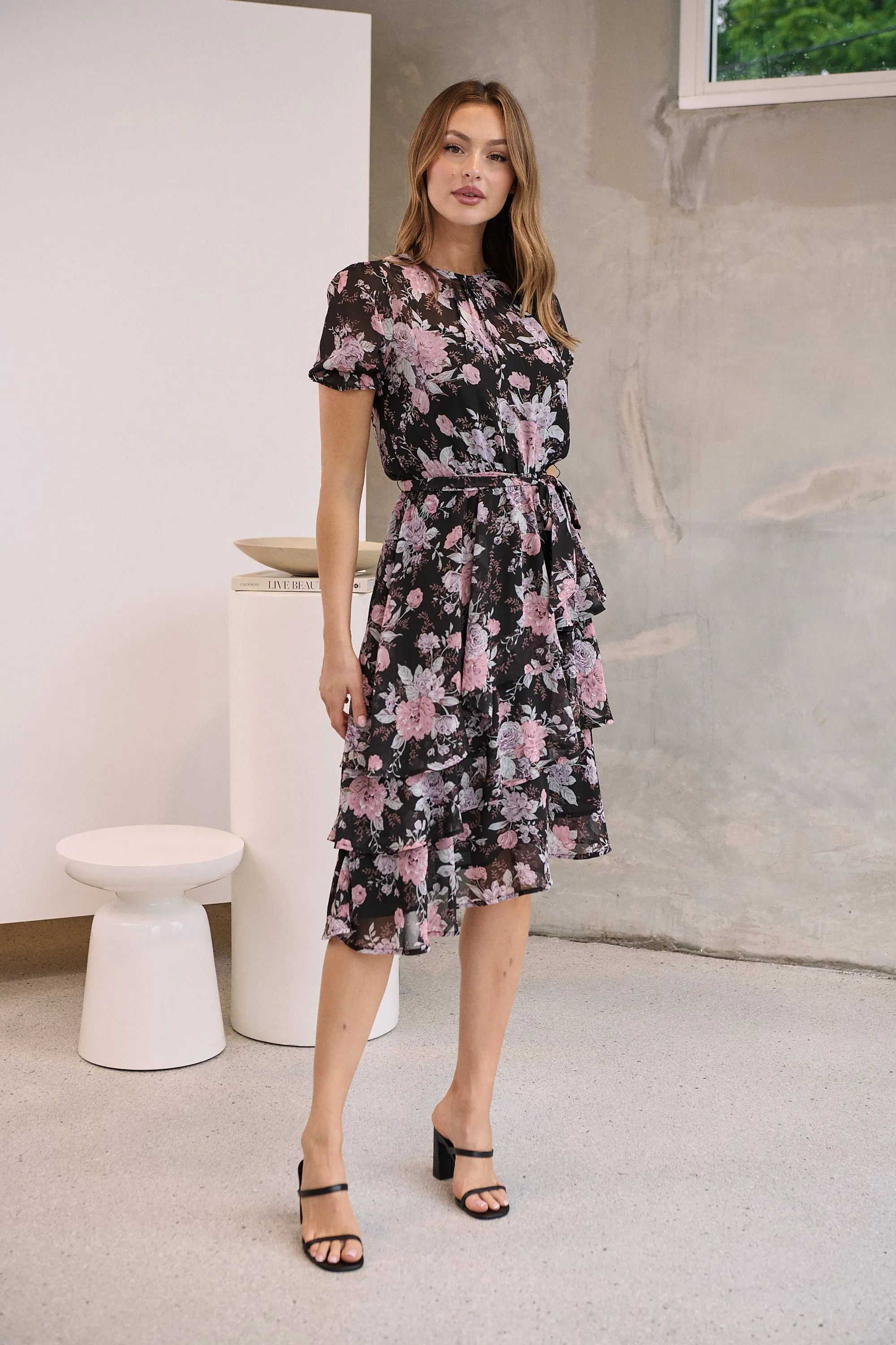 Tullia Black/Purple/Grey Frill Floral Evening Dress
