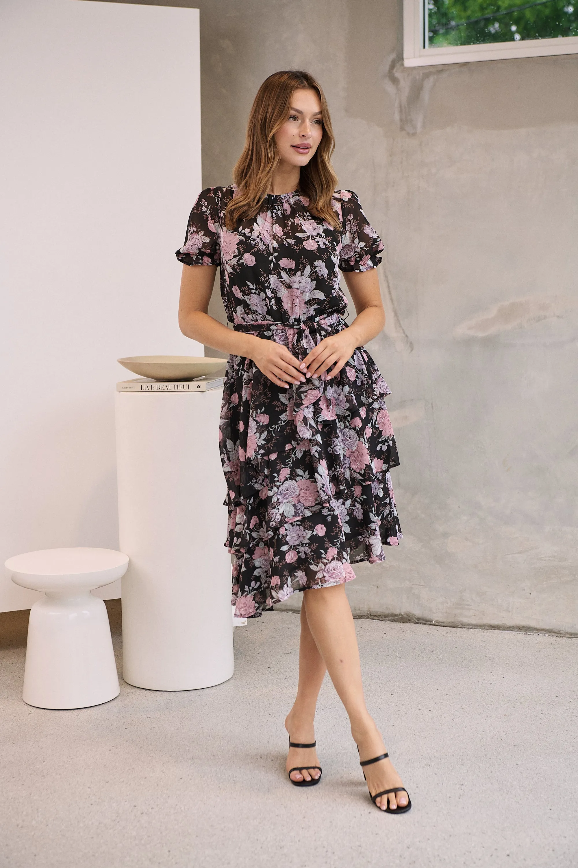 Tullia Black/Purple/Grey Frill Floral Evening Dress