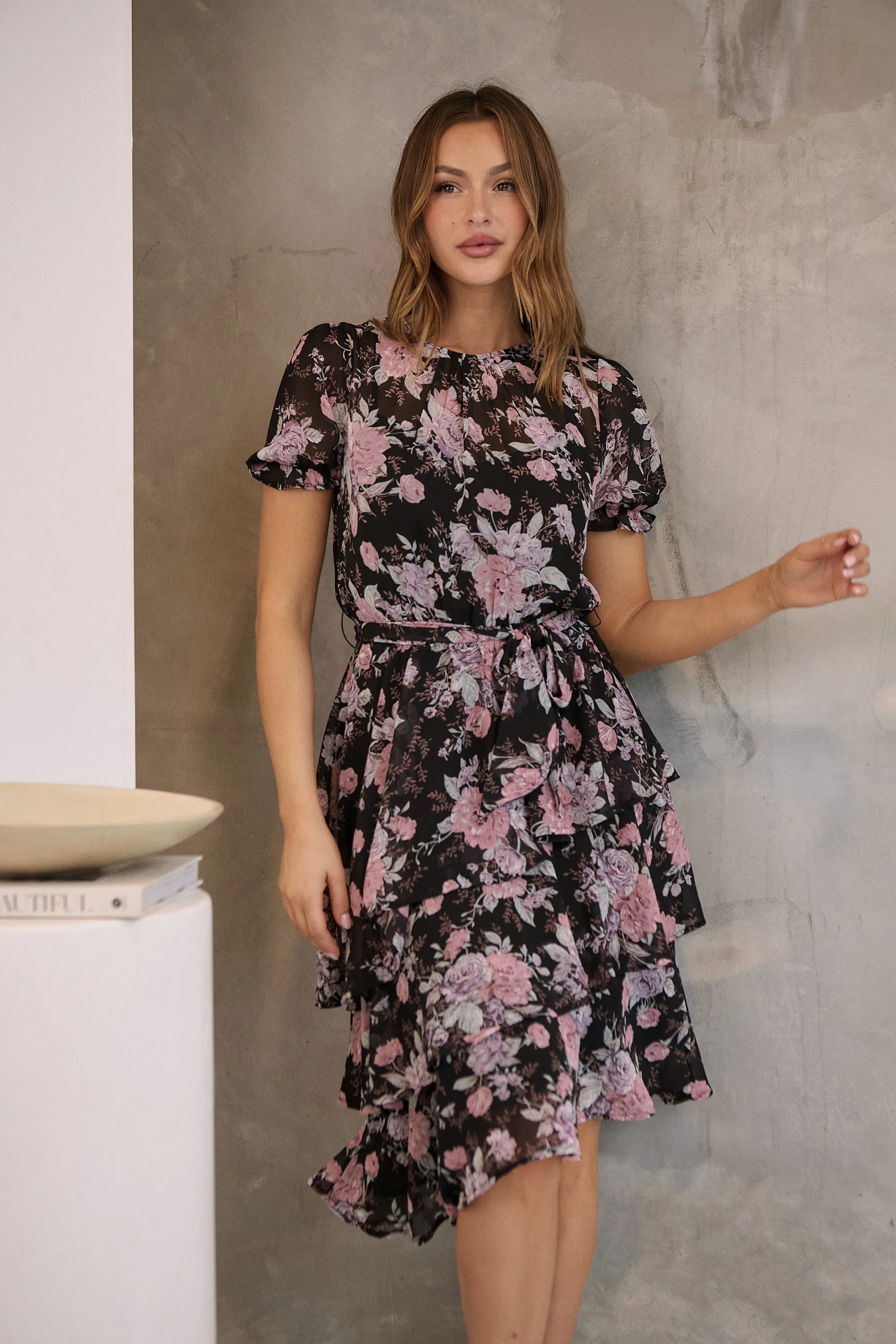 Tullia Black/Purple/Grey Frill Floral Evening Dress
