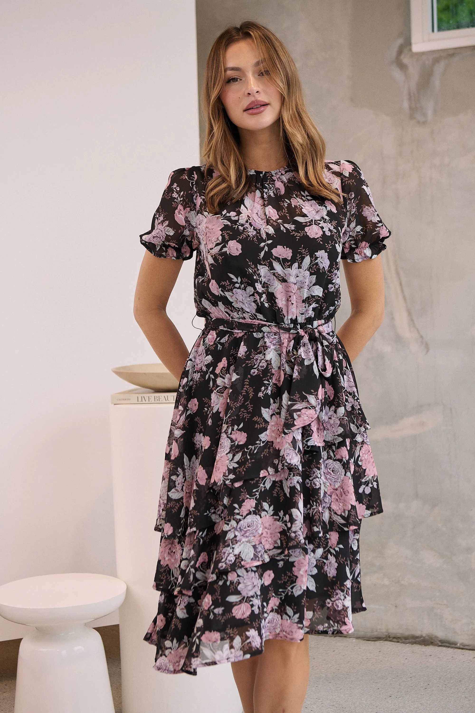 Tullia Black/Purple/Grey Frill Floral Evening Dress