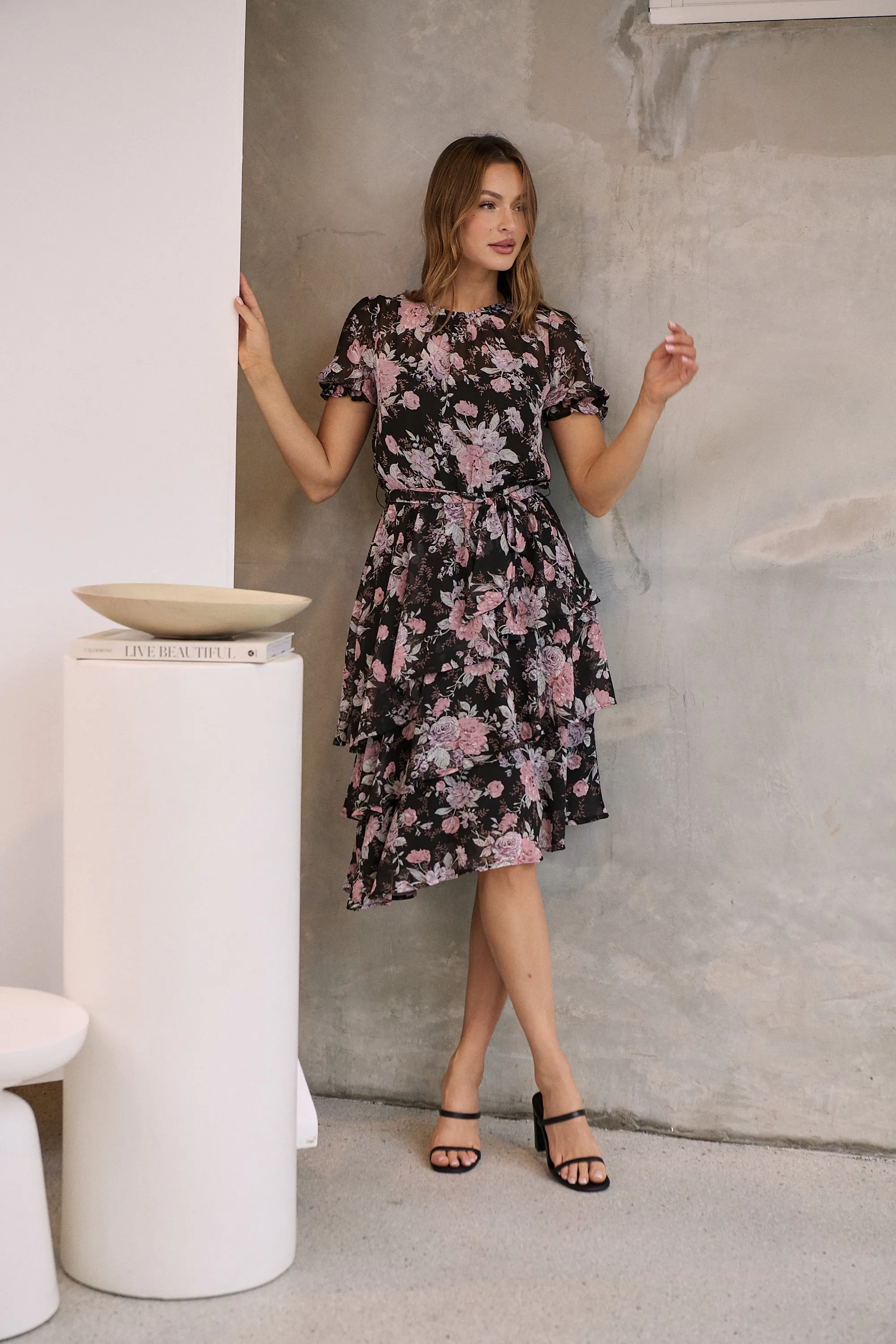 Tullia Black/Purple/Grey Frill Floral Evening Dress