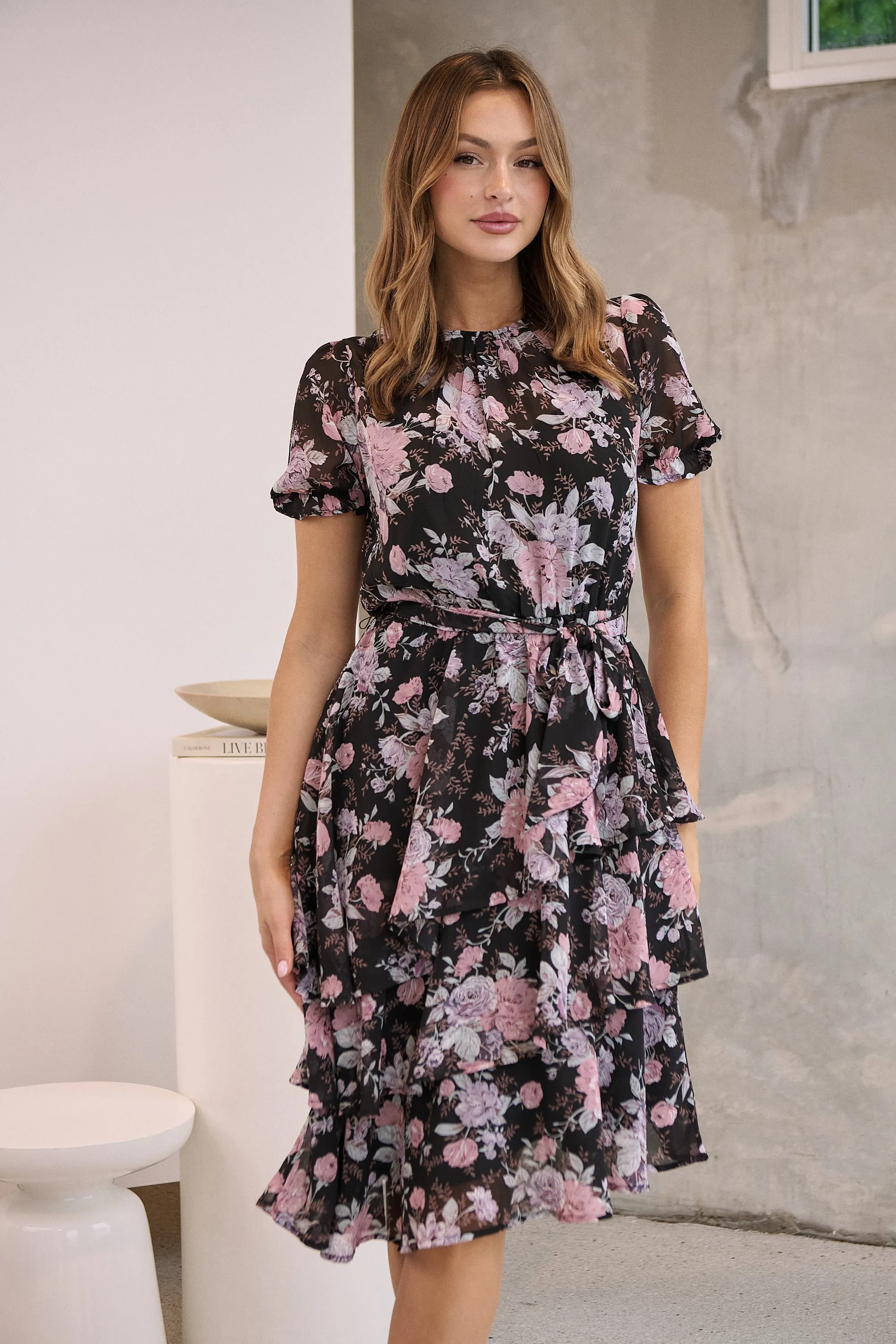 Tullia Black/Purple/Grey Frill Floral Evening Dress