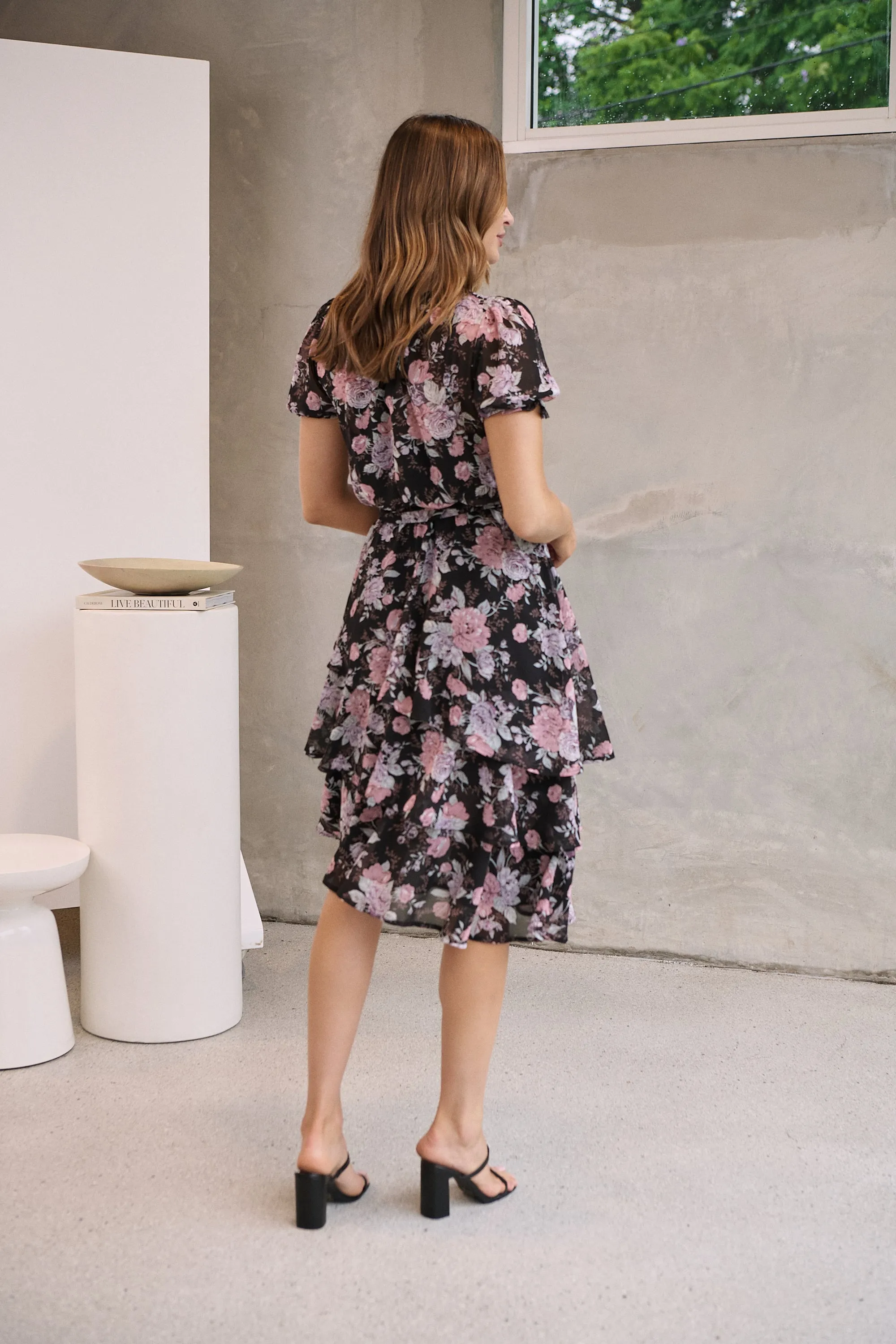 Tullia Black/Purple/Grey Frill Floral Evening Dress