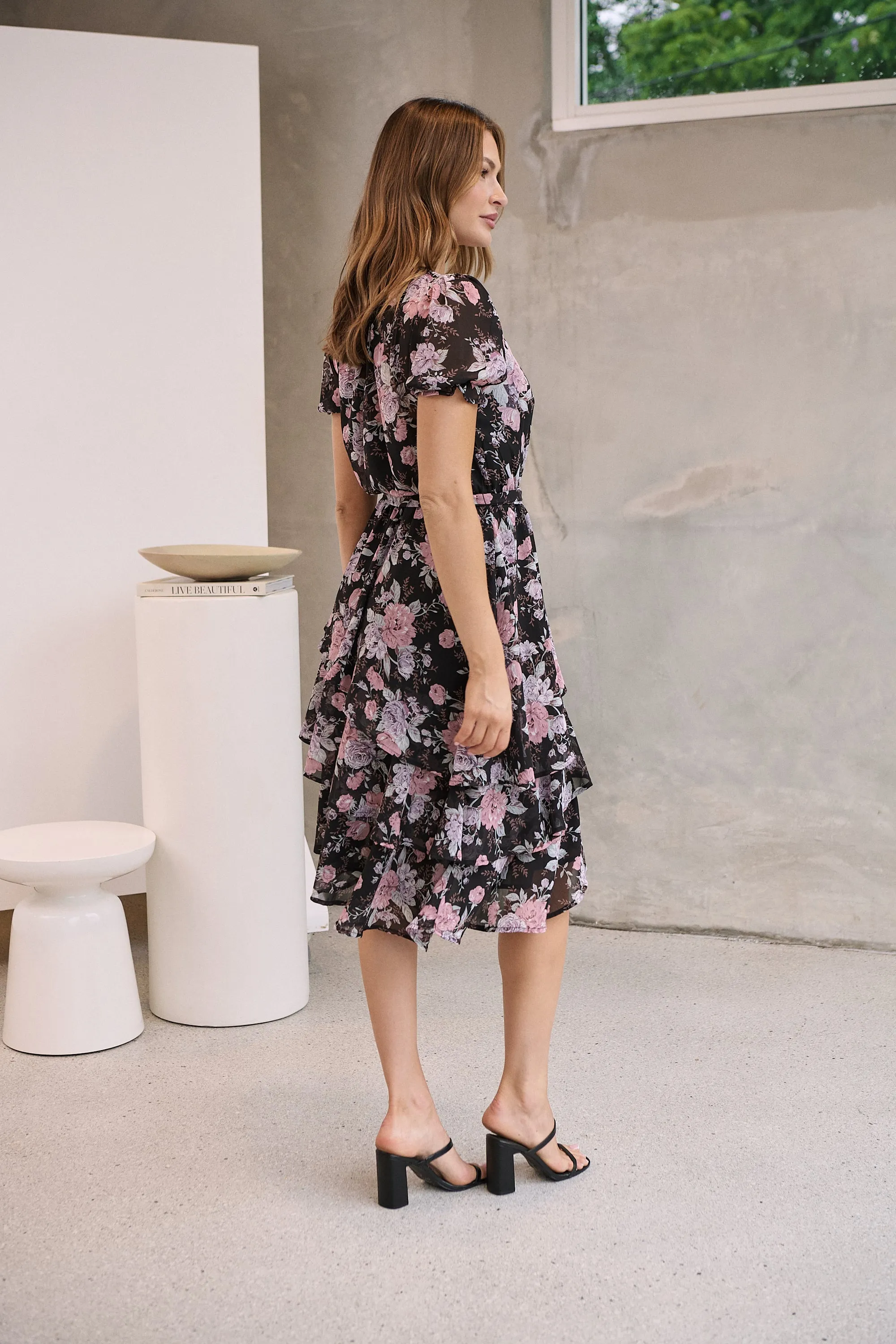 Tullia Black/Purple/Grey Frill Floral Evening Dress
