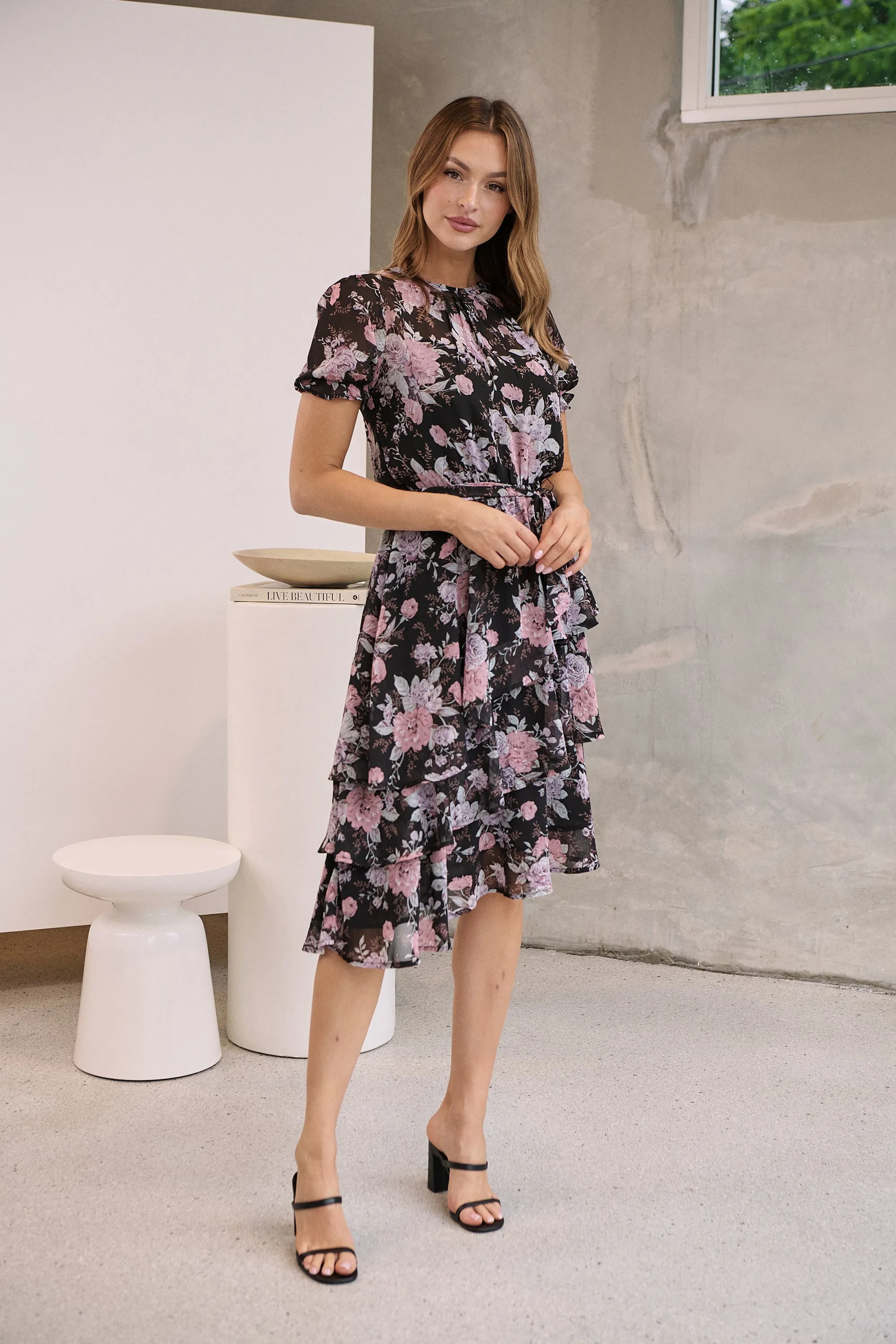 Tullia Black/Purple/Grey Frill Floral Evening Dress