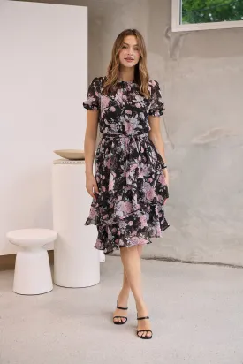 Tullia Black/Purple/Grey Frill Floral Evening Dress