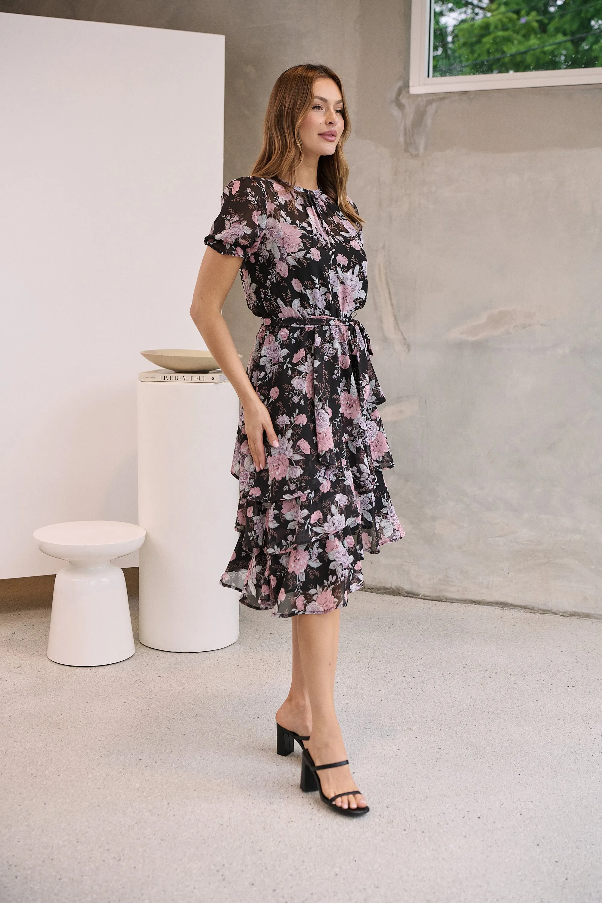Tullia Black/Purple/Grey Frill Floral Evening Dress