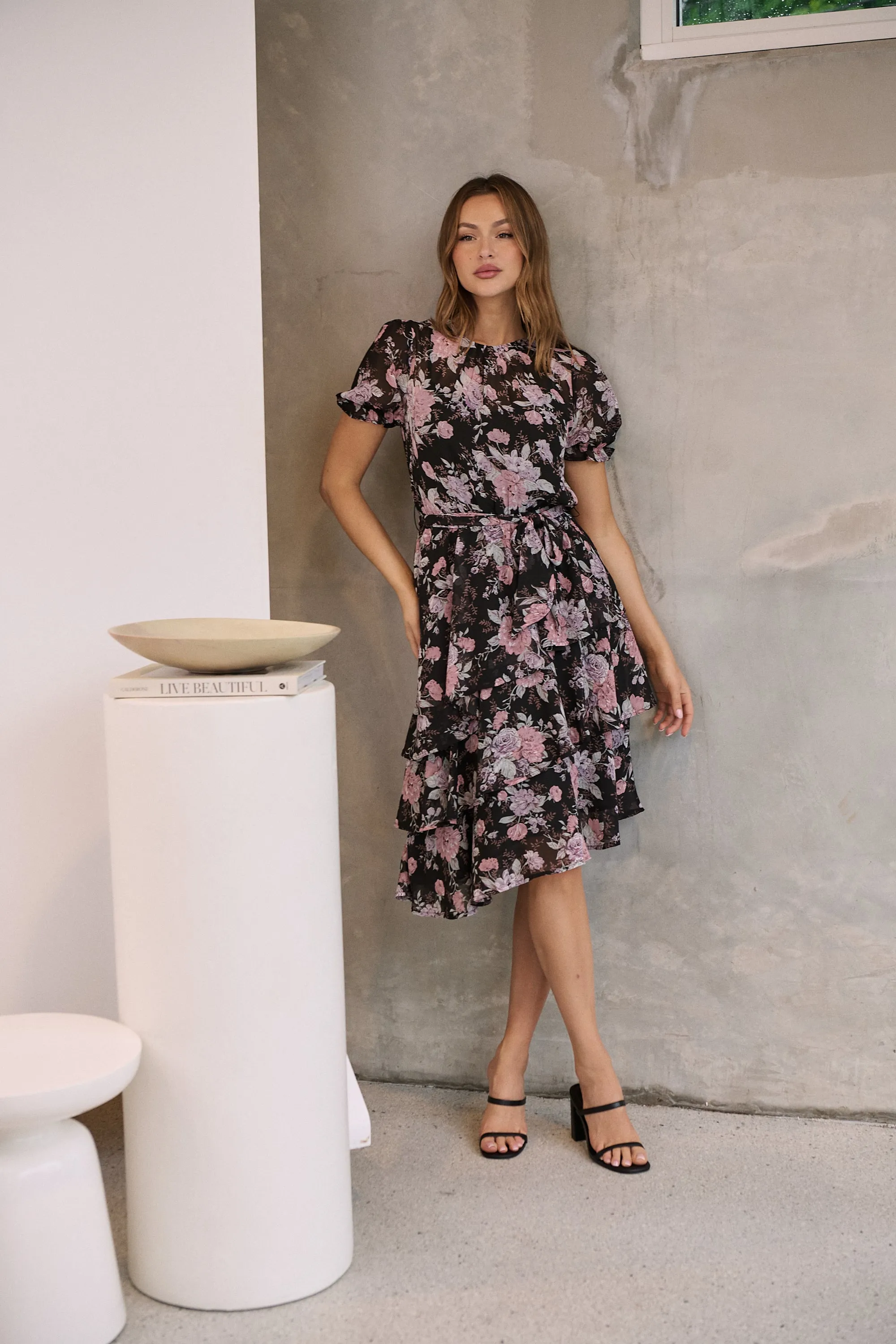 Tullia Black/Purple/Grey Frill Floral Evening Dress
