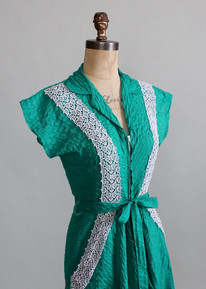 Vintage Early 1950s Green Cotton Lounging Robe