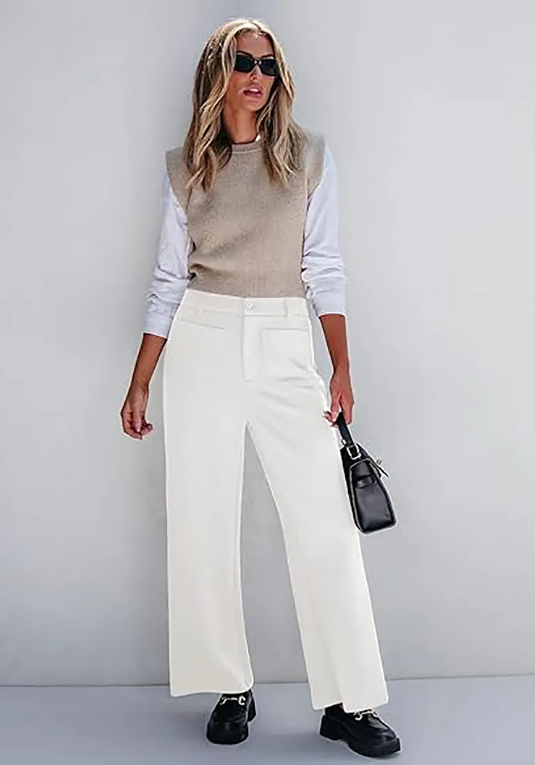 White Women's  High Waist Relaxed Fit Wide Leg Cropped Length Style Casual Pants With Pockets