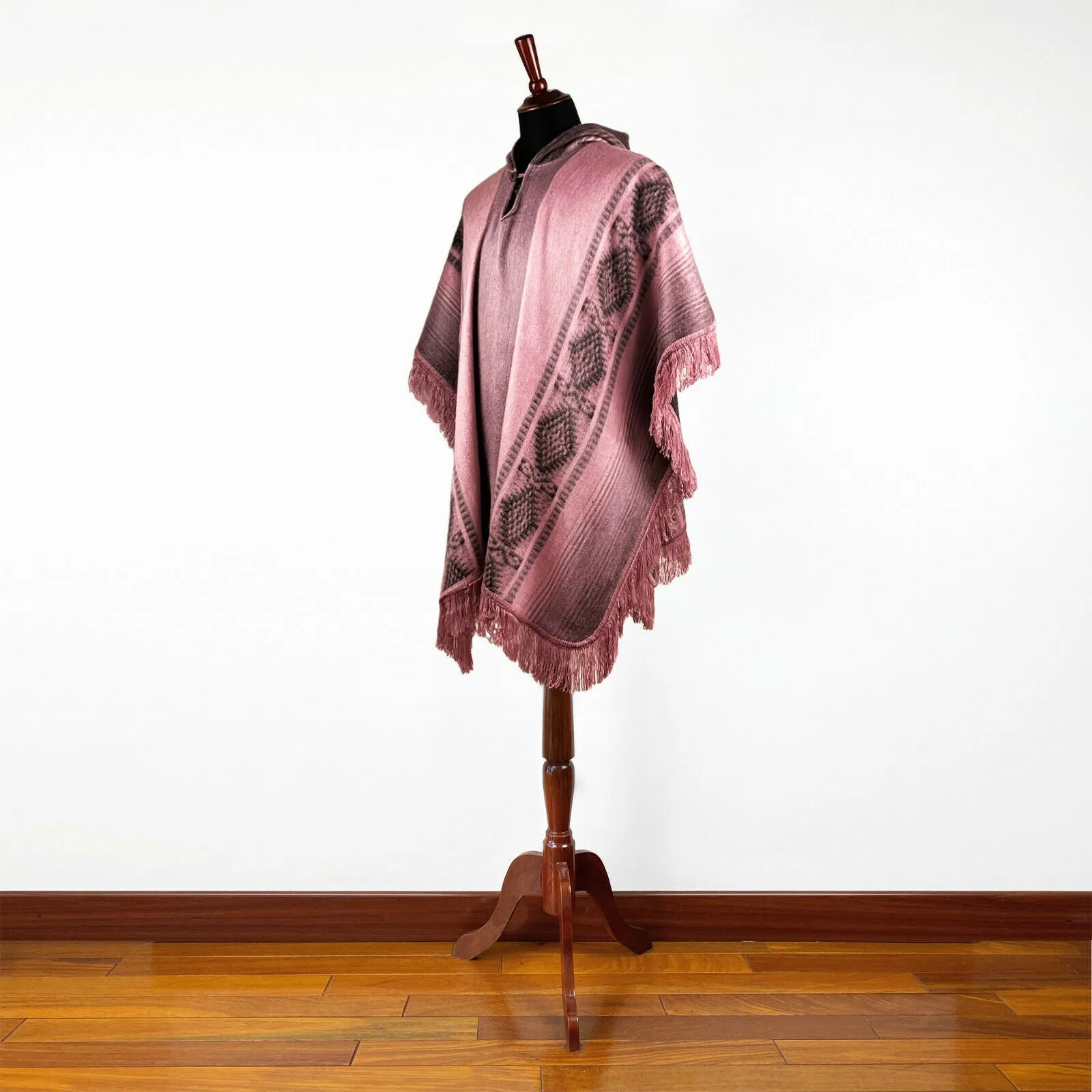 Yona - Lightweight Baby Alpaca Hooded Fringed Poncho - Pink - Unisex