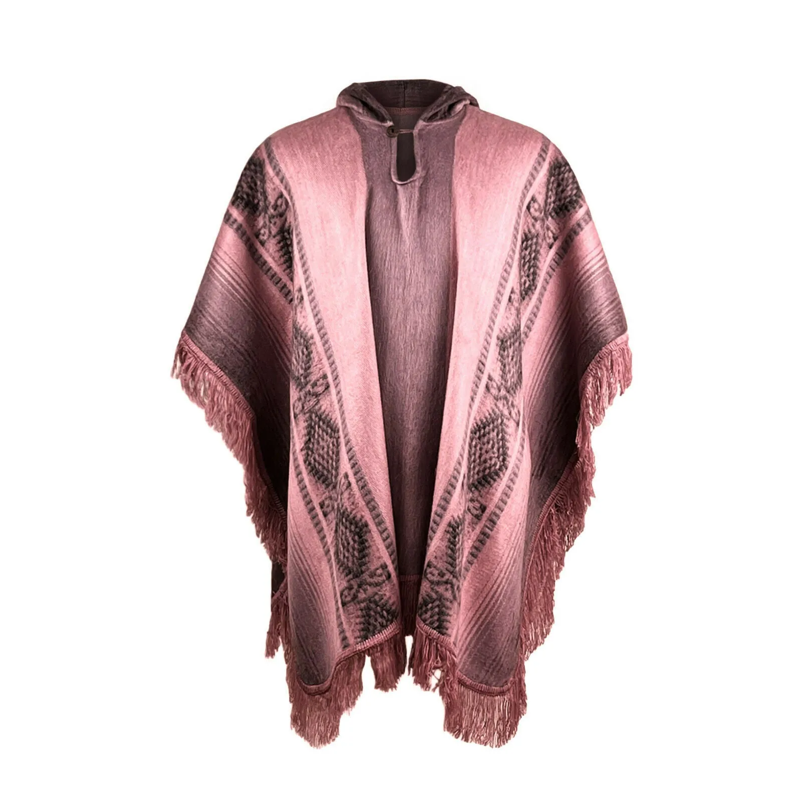 Yona - Lightweight Baby Alpaca Hooded Fringed Poncho - Pink - Unisex