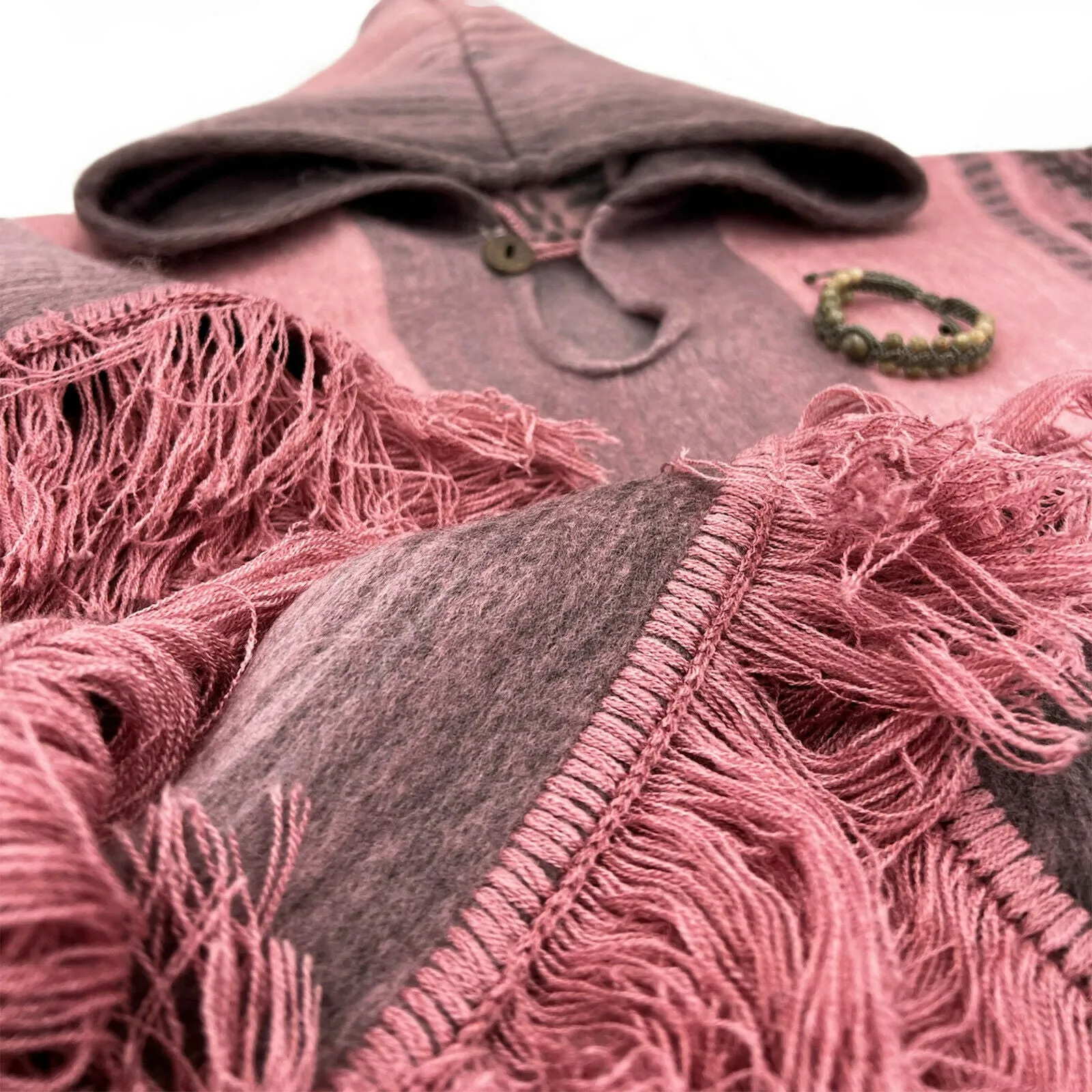 Yona - Lightweight Baby Alpaca Hooded Fringed Poncho - Pink - Unisex