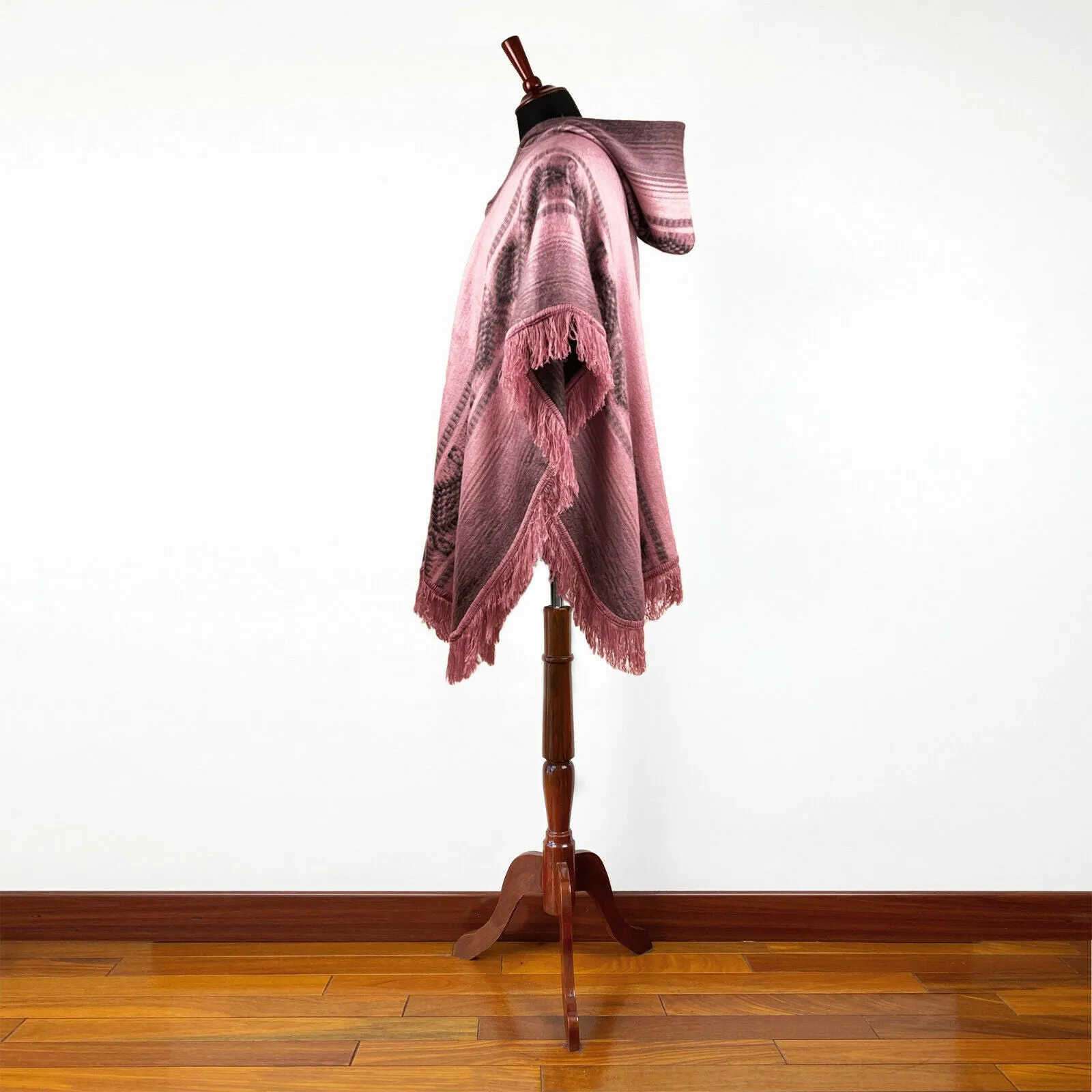 Yona - Lightweight Baby Alpaca Hooded Fringed Poncho - Pink - Unisex