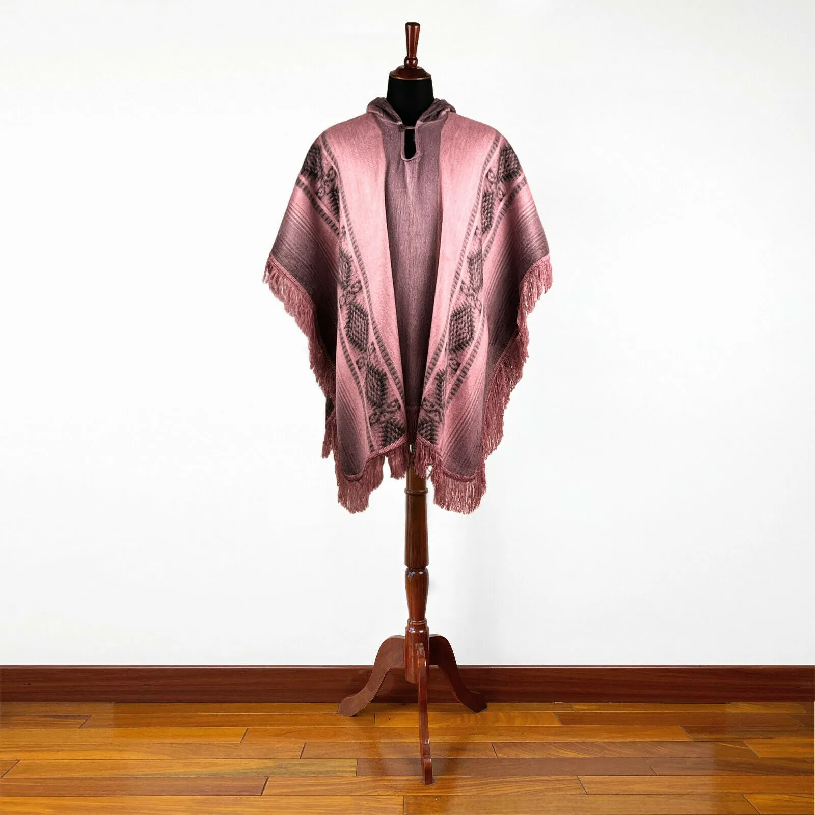 Yona - Lightweight Baby Alpaca Hooded Fringed Poncho - Pink - Unisex